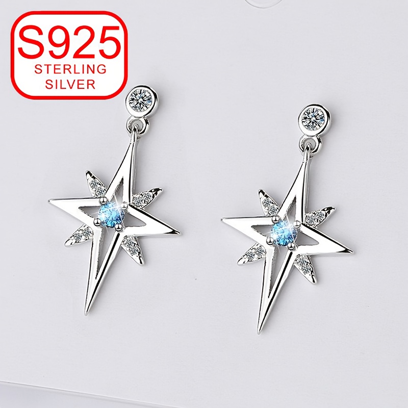 925 Silver Star Dangle Earrings CZ Sparkle Low Allergy Versatile Daily